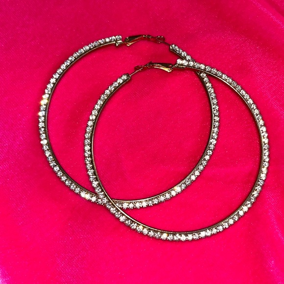 NWOT 3” silver hoops w. crystals - Picture 2 of 4